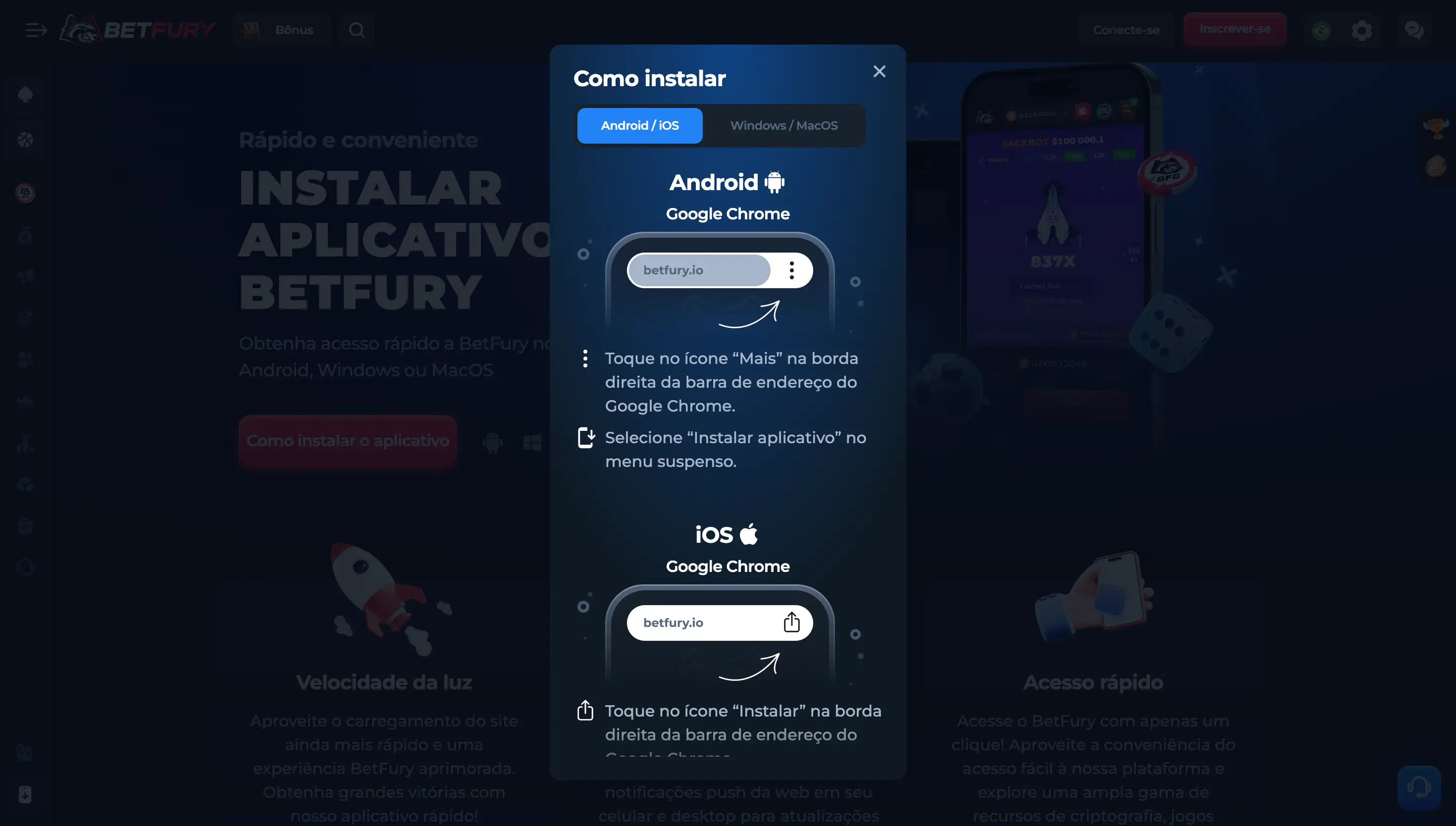 Instrução visual para instalar o app BetFury no Android e iOS