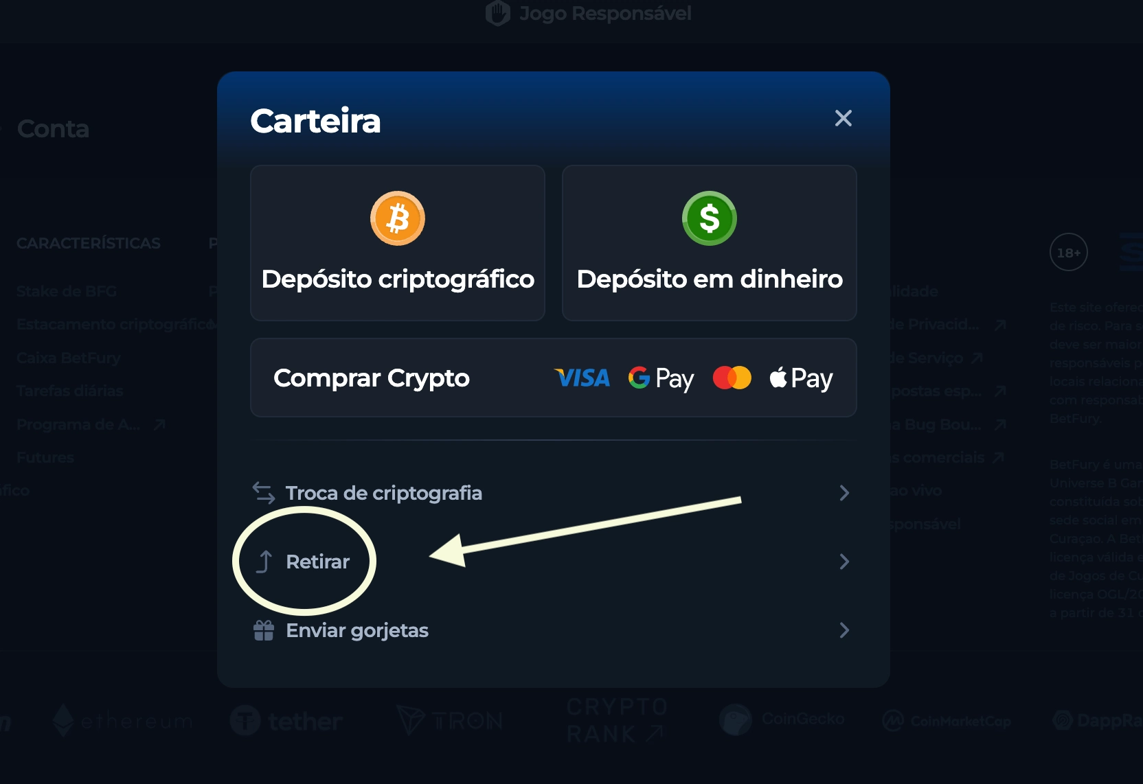 Tela de retirada cripto na BetFury