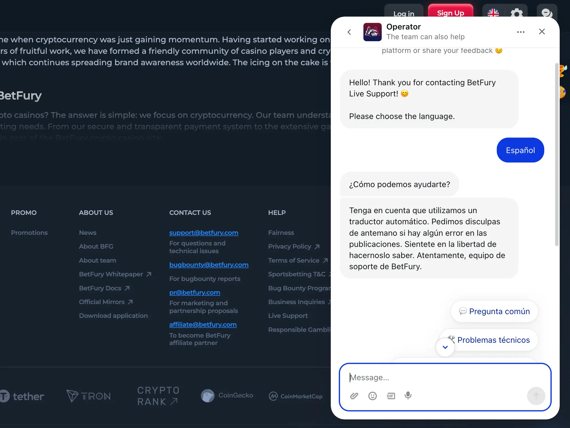 Canais de contacto BetFury Brasil
